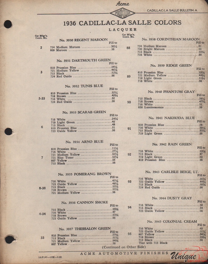 1936 Cadillac Paint Charts Acme 3
